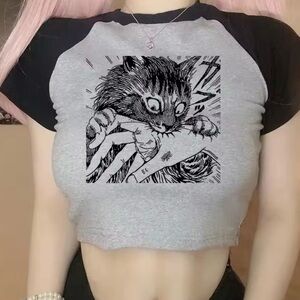 crop top streetwear graphic cute goth t-shirts cropped cat S Japan manga